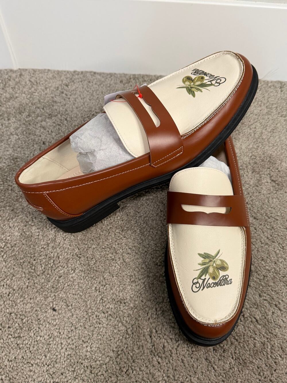 New ASOS DESIGN Olive Graphic Penny Loafers Brown Cream Men’s 11